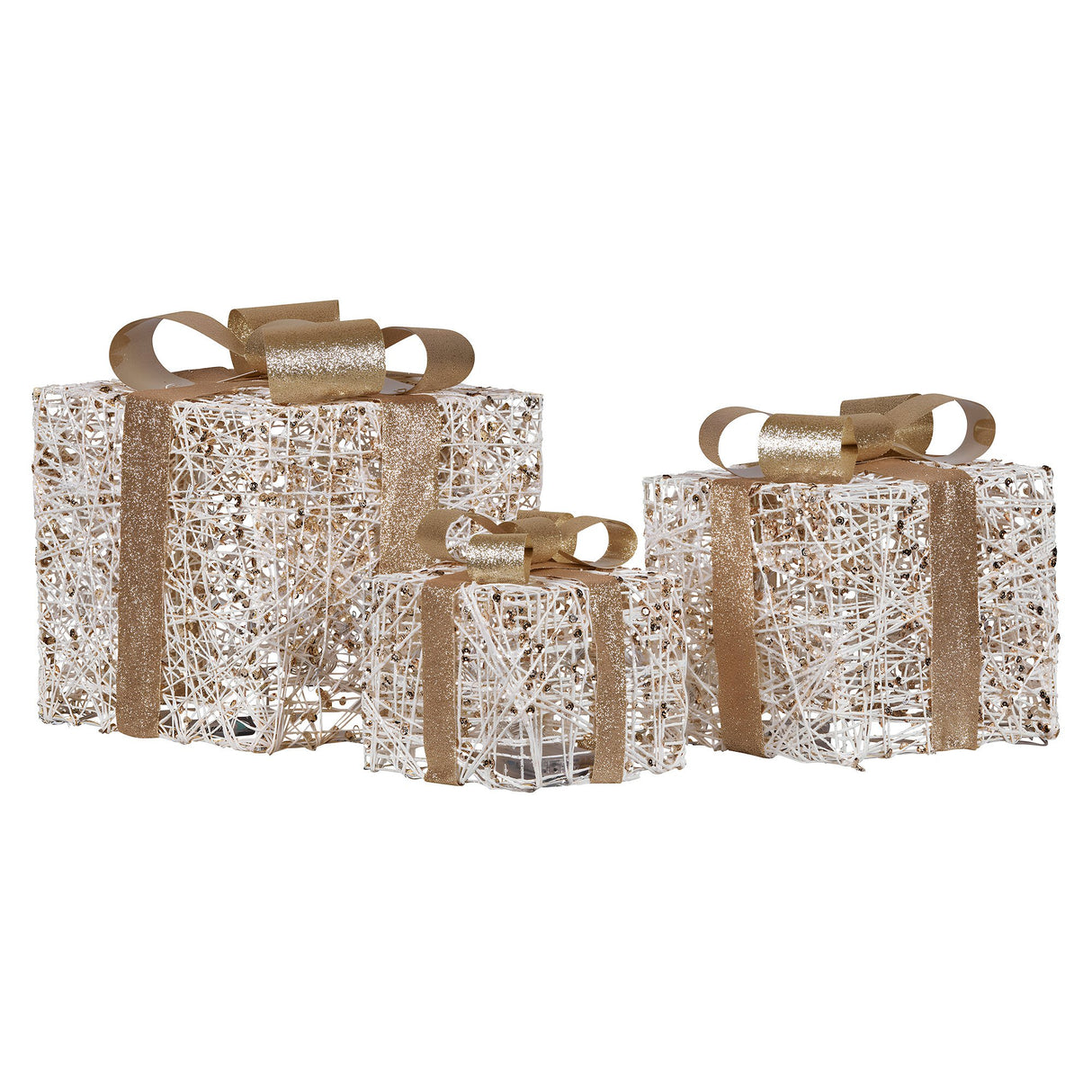 Christabelle Set of 3 Battery Operated Golden Christmas Gift Boxes w/Warm White LED Lights Indo