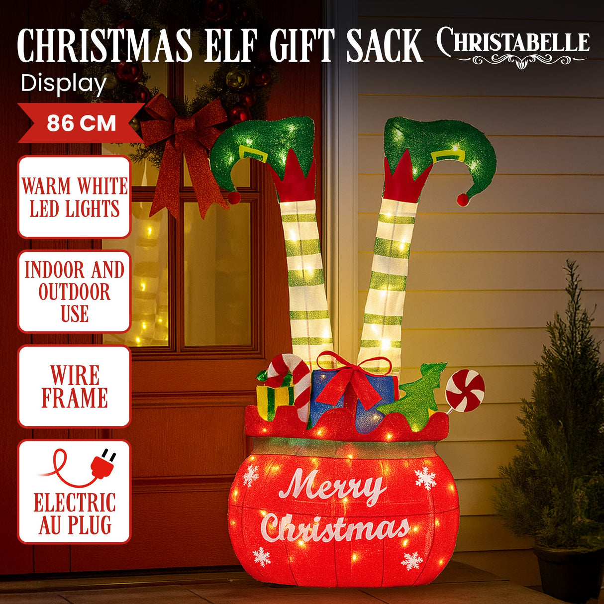 Christabelle Elf in Gift Sack Christmas Display Warm White LED Lights 86cm for Decoration w/Wir