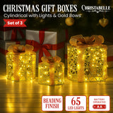 Christabelle Set of 3 Battery Operated Golden Cylindrical Christmas Gift Boxes w/Warm LED Light - Front View