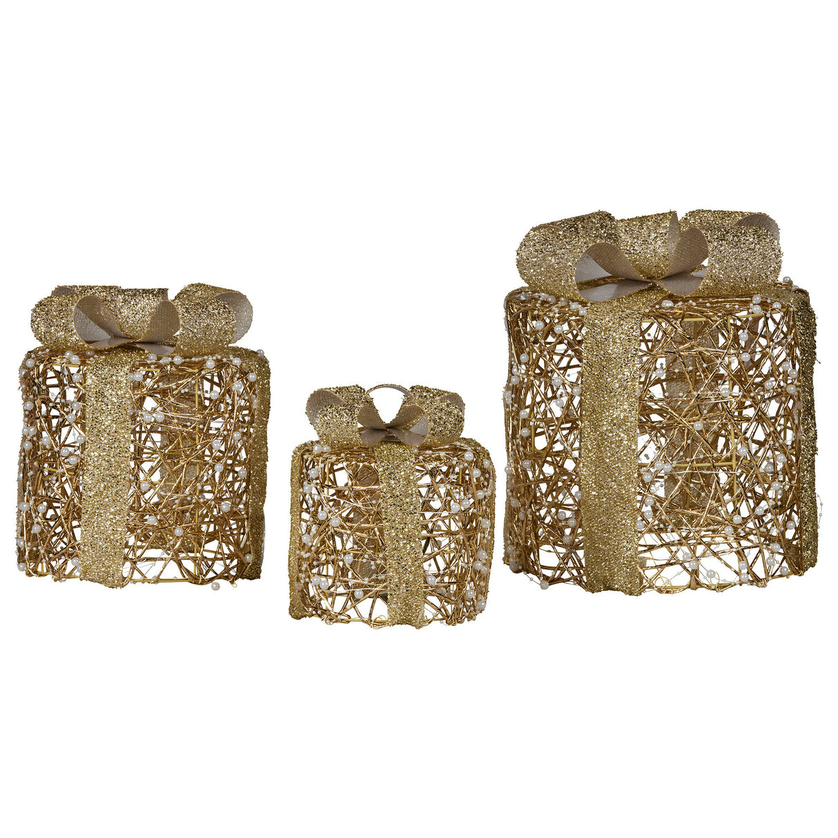 Christabelle Set of 3 Battery Operated Golden Cylindrical Christmas Gift Boxes w/Warm LED Light