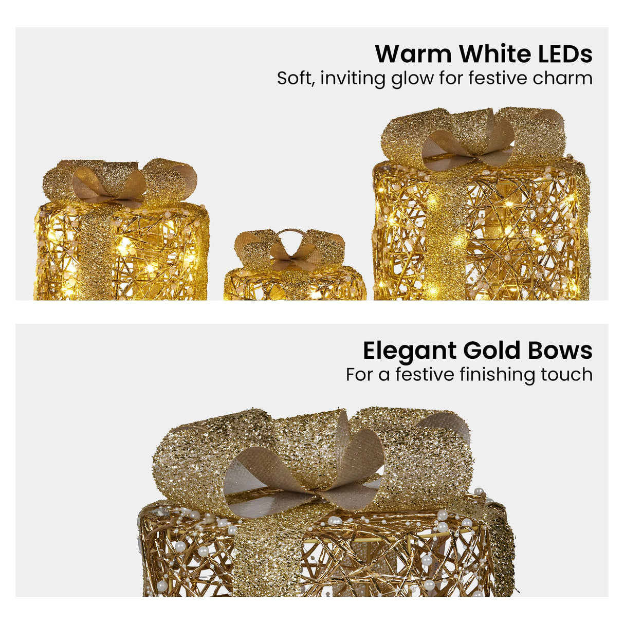 Christabelle Set of 3 Battery Operated Golden Cylindrical Christmas Gift Boxes w/Warm LED Light