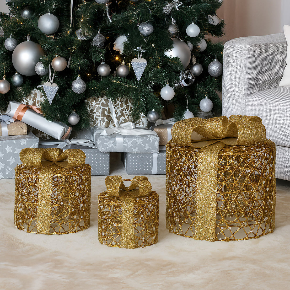 Christabelle Set of 3 Battery Operated Golden Cylindrical Christmas Gift Boxes w/Warm LED Light