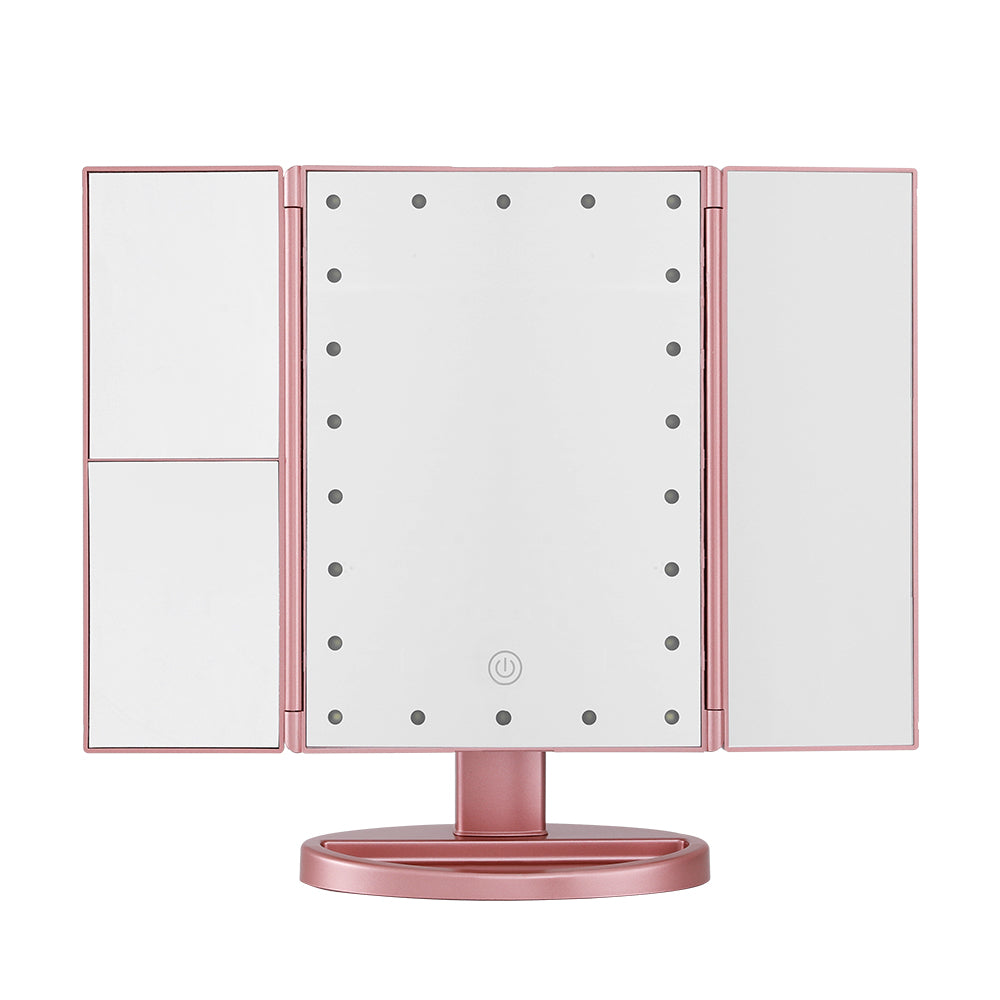Illuminated Pink Tri-fold Makeup Mirror with 1X/2X/3X Magnification and Portable LED Light