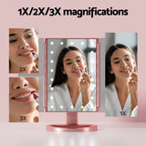 Illuminated Pink Tri-fold Makeup Mirror with 1X/2X/3X Magnification and Portable LED Light - 45-Degree Angle