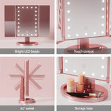Illuminated Pink Tri-fold Makeup Mirror with 1X/2X/3X Magnification and Portable LED Light - Close-Up Angle