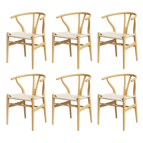 1 Set of 6 Artiss Dining Chairs Wooden Rattan Seat Wishbone Back