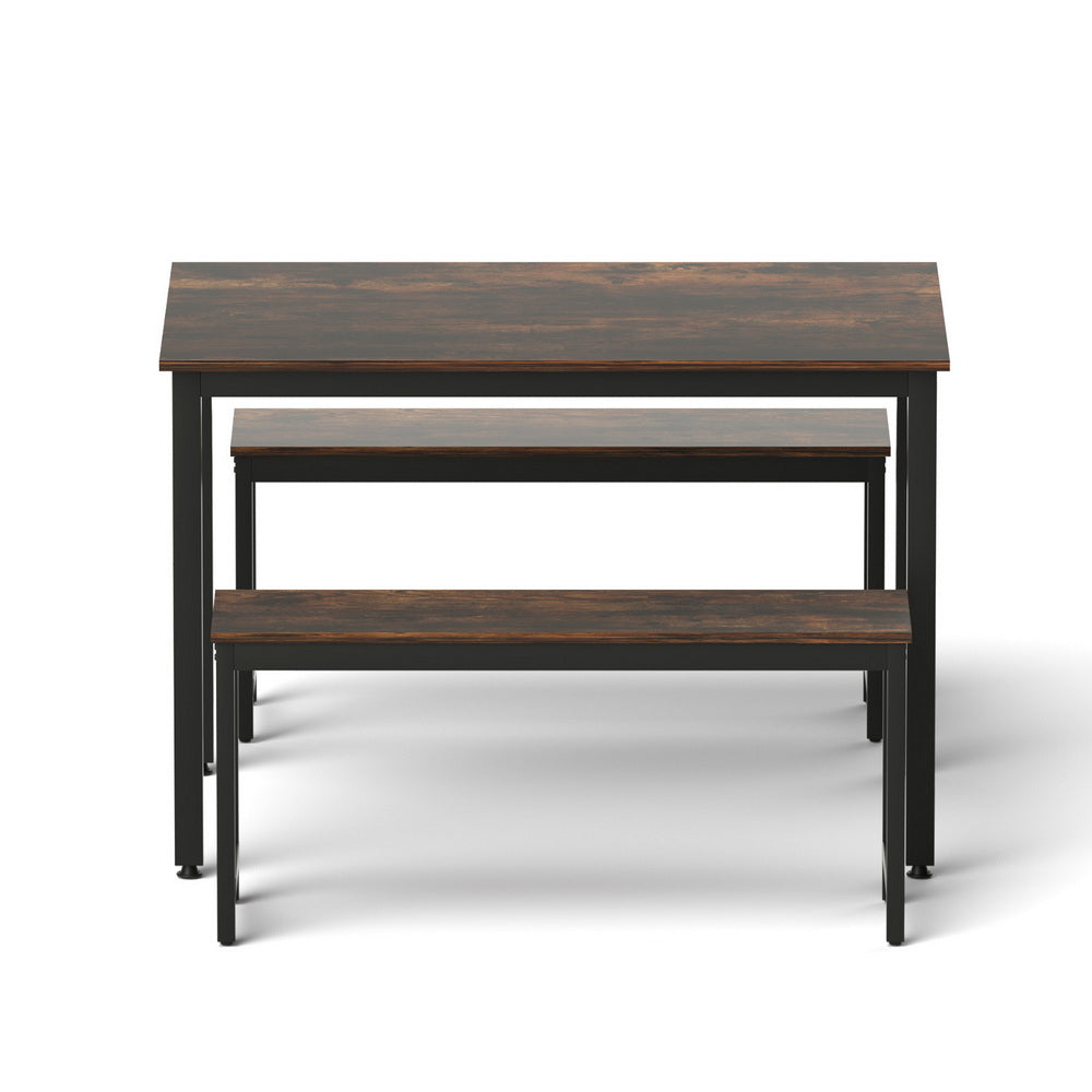 Artiss Dining Table and Chairs Set 3PCS Kitchen Metal Desk Bench Dark Walnut