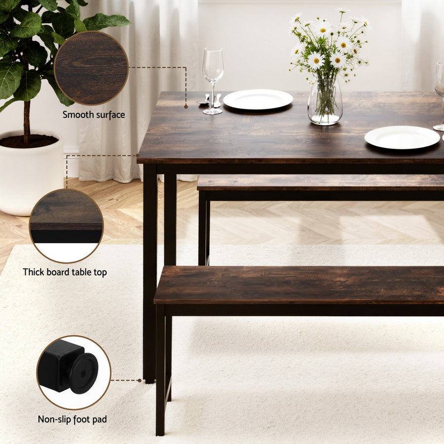 Artiss Dining Table and Chairs Set 3PCS Kitchen Metal Desk Bench Dark Walnut