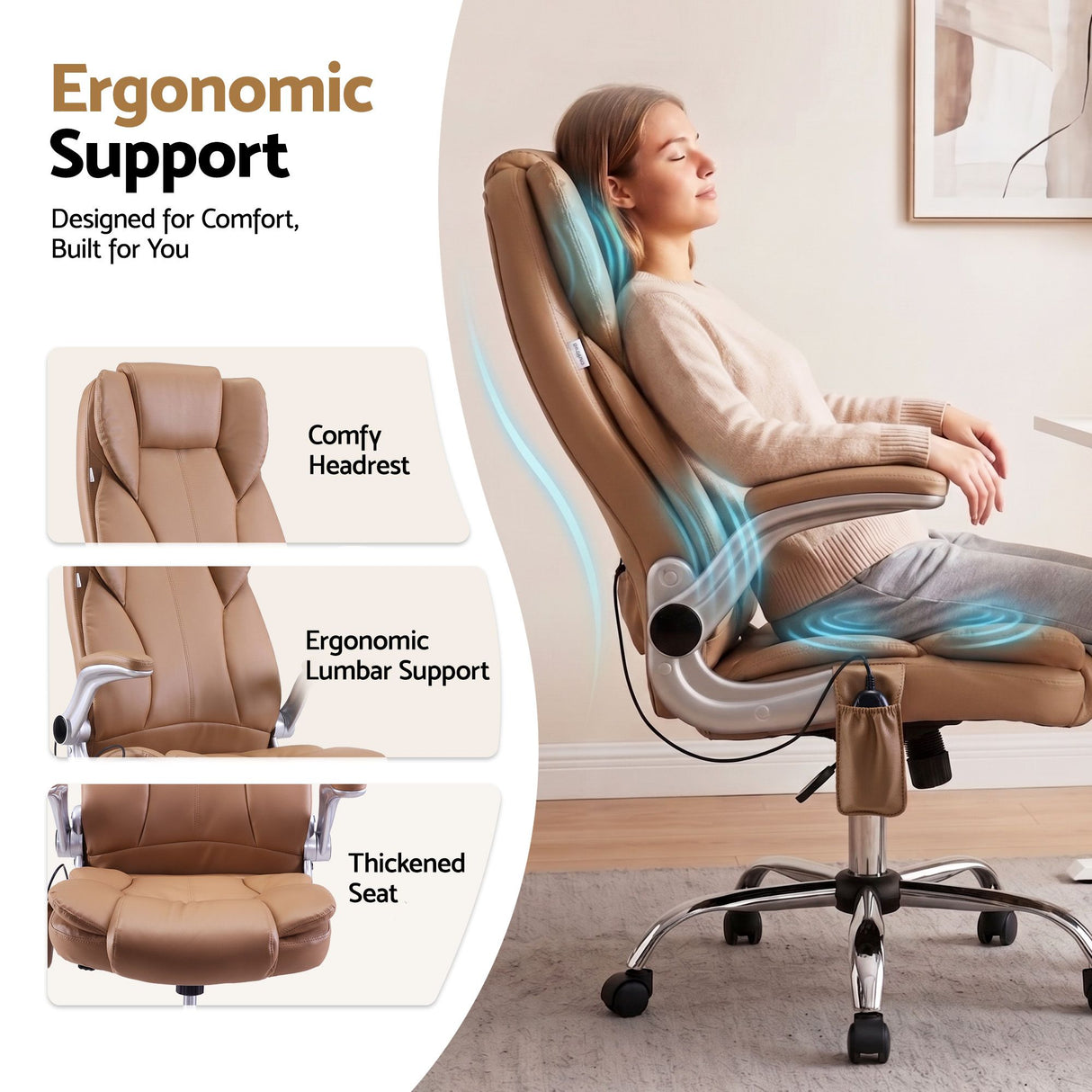 Artiss 8 Point Massage Office Chair PU Leather Brown
