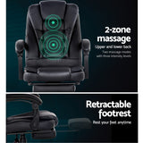 Artiss 2 Point Massage Office Chair PU Leather Footrest Black - 45-Degree Angle