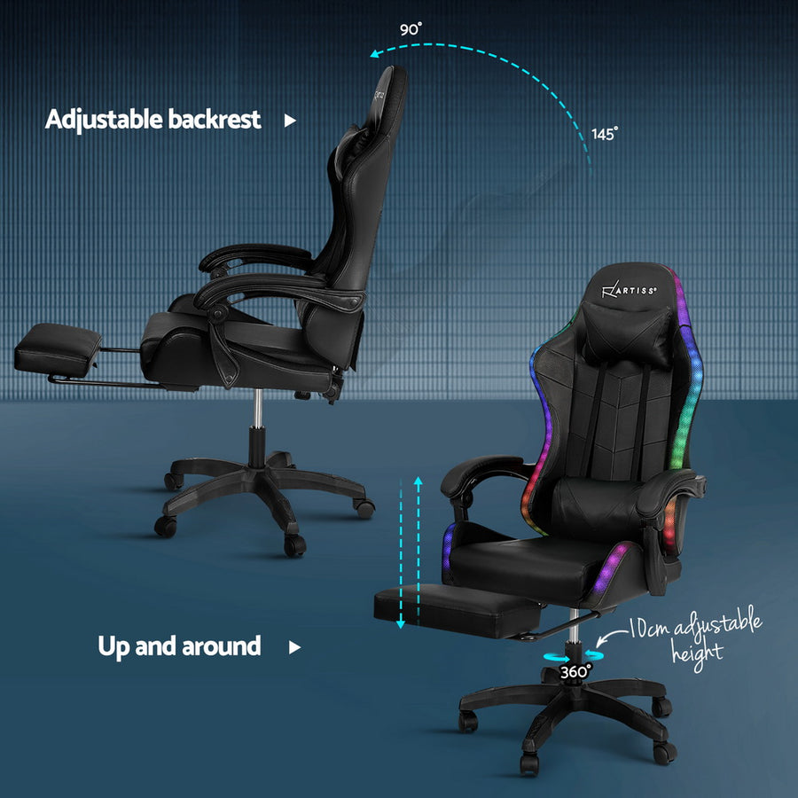Artiss 6 Point Massage Gaming Office Chair 7 LED Footrest Black, image 6