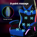 Artiss Gaming Office Chair 12 RGB LED Massage Computer Work Seat Footrest Blue - 45-Degree Angle