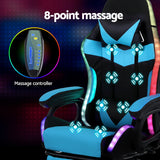 Artiss Gaming Office Chair 12 RGB LED Massage Computer Work Seat Footrest Cyan - 45-Degree Angle