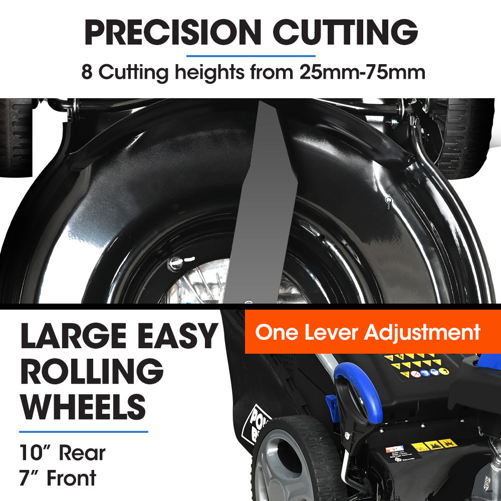 POWERBLADE 18' 150cc Lawn Mower, 8 Height, Steel Deck, 4-Stroke Petrol Lawnmower - V475