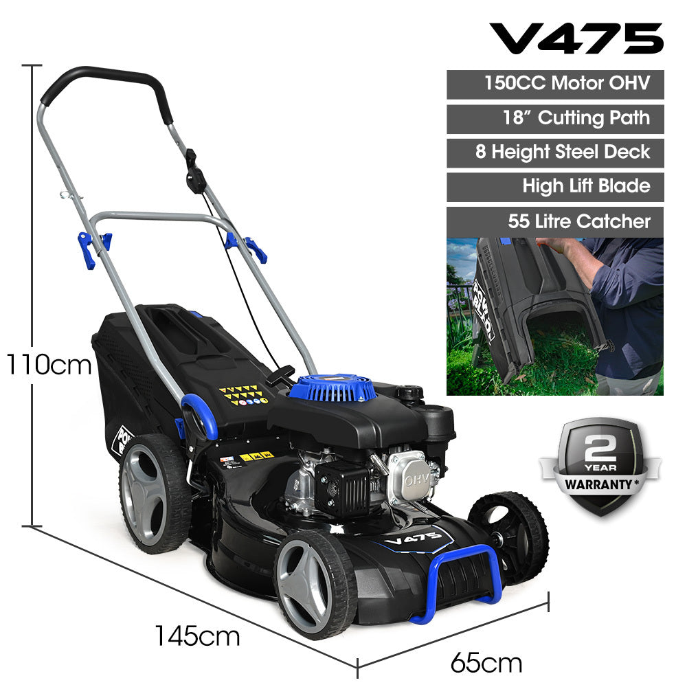 POWERBLADE 18' 150cc Lawn Mower, 8 Height, Steel Deck, 4-Stroke Petrol Lawnmower - V475