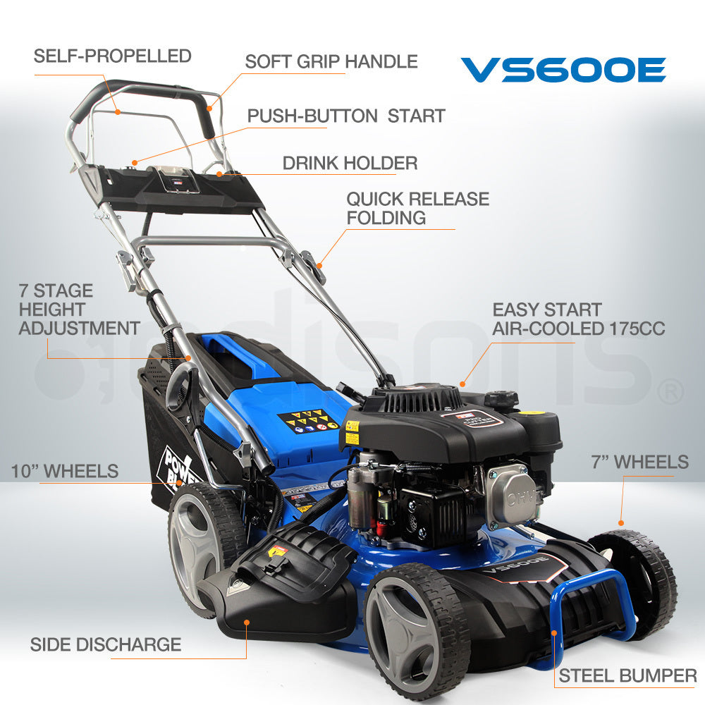 POWERBLADE 18' 175cc Electric Start Self-Propelled 4-Stroke 4in1 Petrol Steel Deck Lawnmower - VS600e