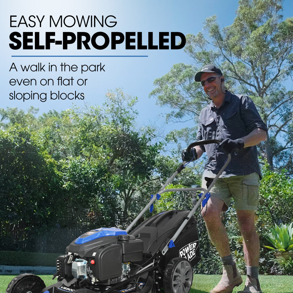 PowerBlade 20' 200cc Self-Propelled Lawn Mower, 7 Height, Steel Deck, Deck Wash Port, OHV 4-Stroke Petrol - VS900