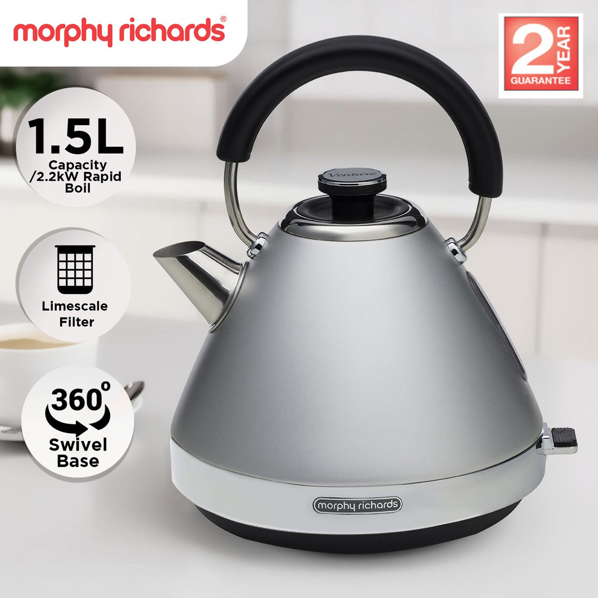 Morphy Richards 1.5L Venture Collection MRVK15SG Pyramid Kettle in Steel Grey