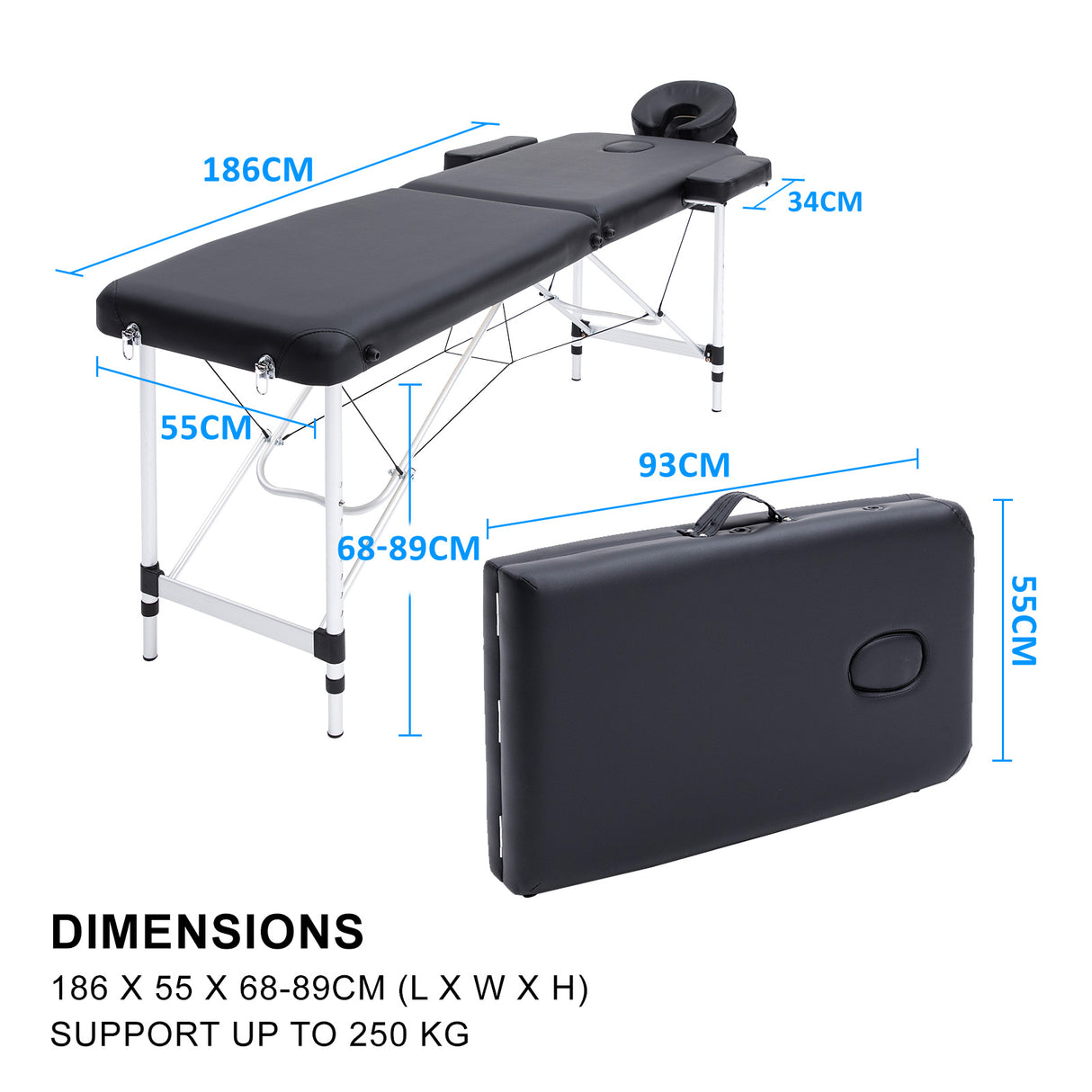 55cm Aluminium Portable Massage Table - BLACK