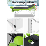 Zenses Massage Table 75cm Portable 3 Fold Aluminium Beauty Bed Green - 45-Degree Angle