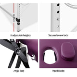 Zenses Massage Table 75cm Portable 3 Fold Aluminium Beauty Bed Violet - 45-Degree Angle
