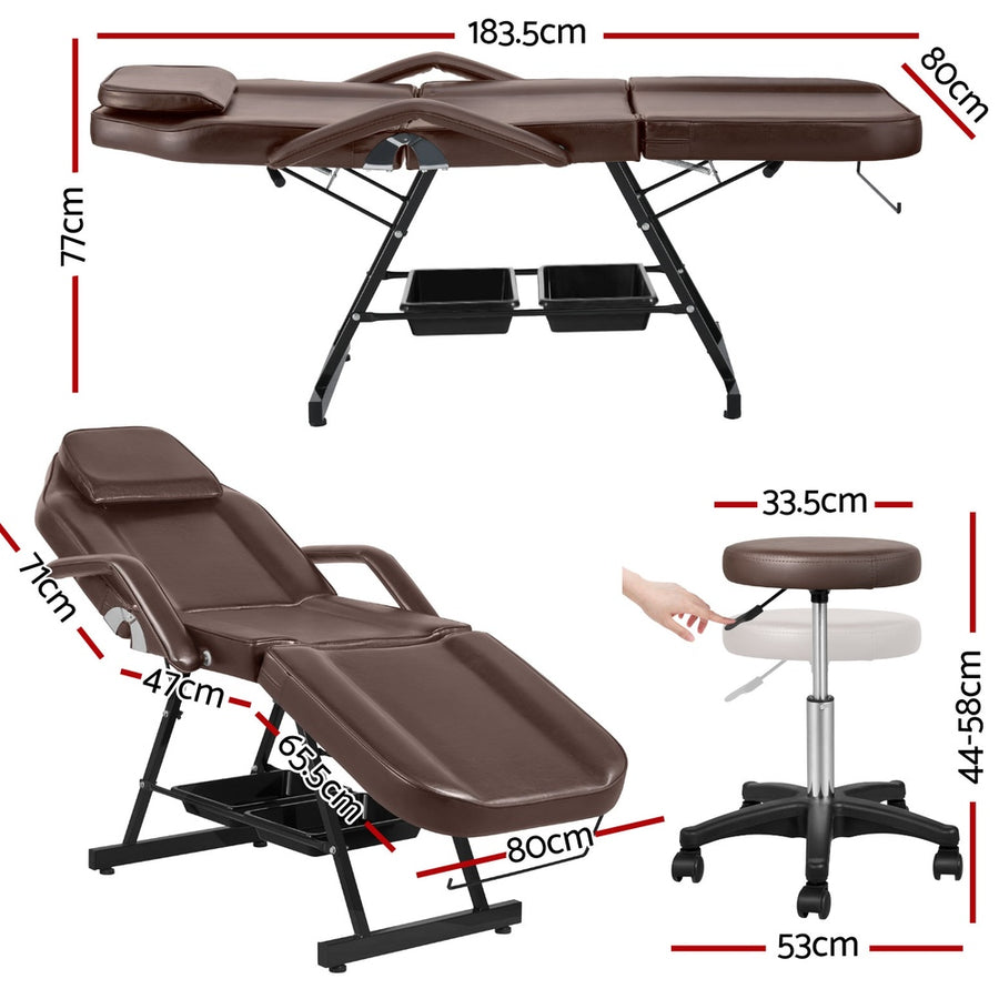 Zenses 3-fold adjustable massage table with stool, brown PU leather, removable adjustable face cradle