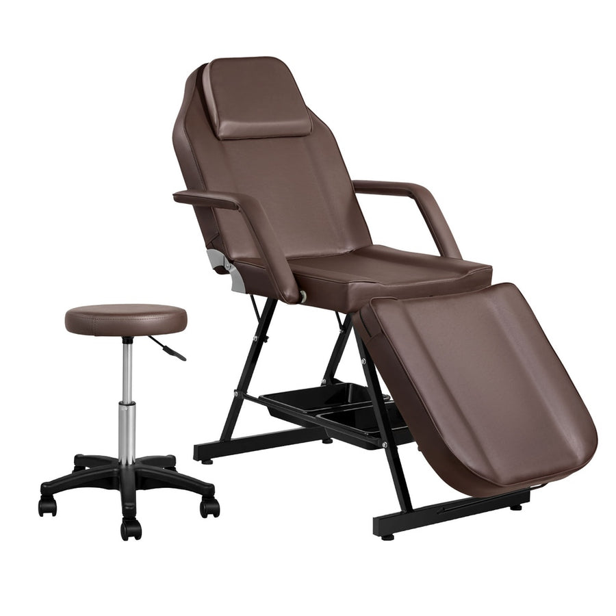Zenses 3-fold adjustable massage table with stool, brown PU leather, hanging shelf and storage tray
