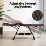 Zenses 3-fold adjustable massage table with stool, brown PU leather, adjustable backrest, armrest and footrest