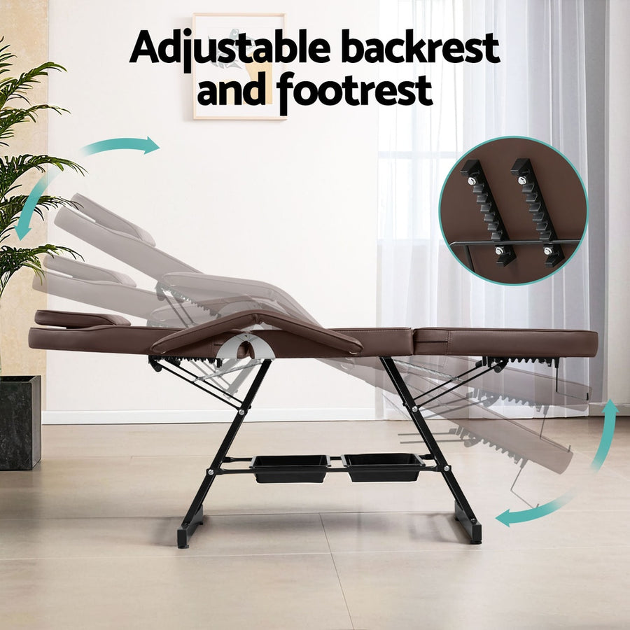 Zenses 3-fold adjustable massage table with stool, brown PU leather, adjustable backrest, armrest and footrest