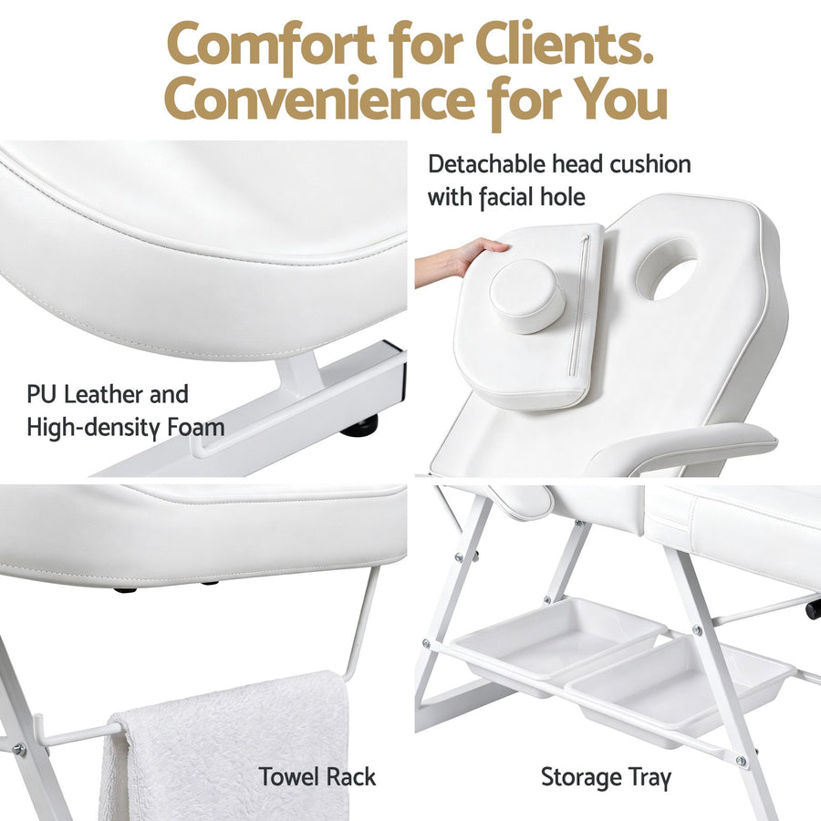 Zenses Beauty Bed with Stool, White, Adjustable Facial Massage Table, Tattoo Chair, Salon Services