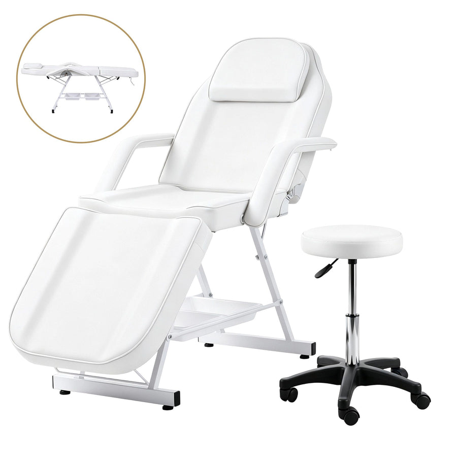 Zenses Beauty Bed with Stool, White, Adjustable Facial Massage Table, Tattoo Chair, Salon Services