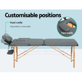 Zenses Massage Table 56cm Portable 2 Fold Wooden Beauty Bed Grey - 45-Degree Angle