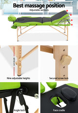 Zenses Massage Table 70cm Portable 3 Fold Wooden Beauty Bed Green - 45-Degree Angle