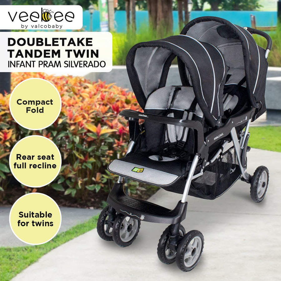 Veebee Doubletake Tandem Twin Infant Pram - Silverado