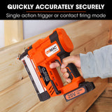 UNIMAC CLS400 20-50mm 16ga Finishing Nail Gun, Cordless 20V Lithium Nailer Kit - Close-Up Angle