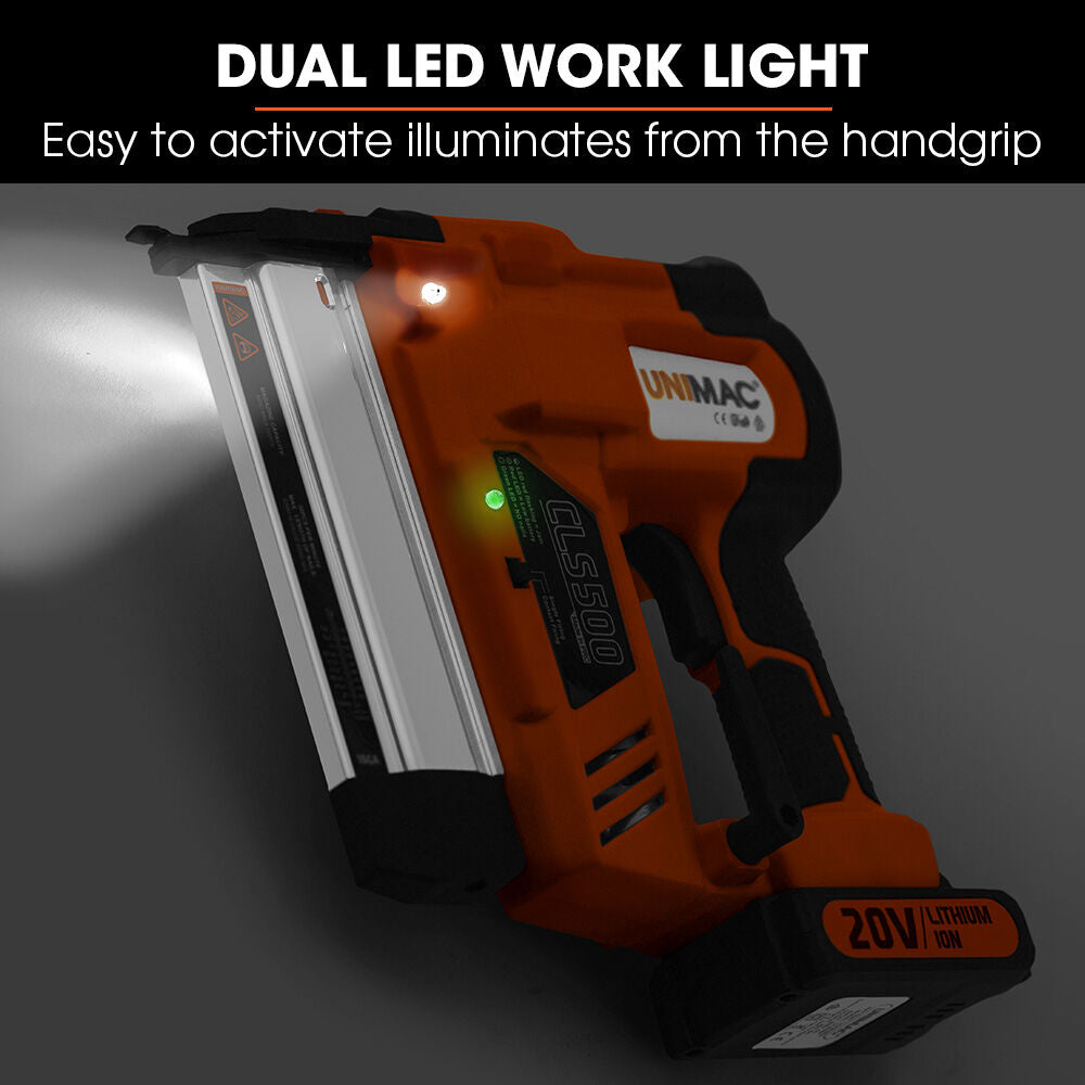 UNIMAC CLS500 15-50mm 18ga 2-in-1 Stapler/Brad Nail Gun, Cordless 20V Lithium Nailer