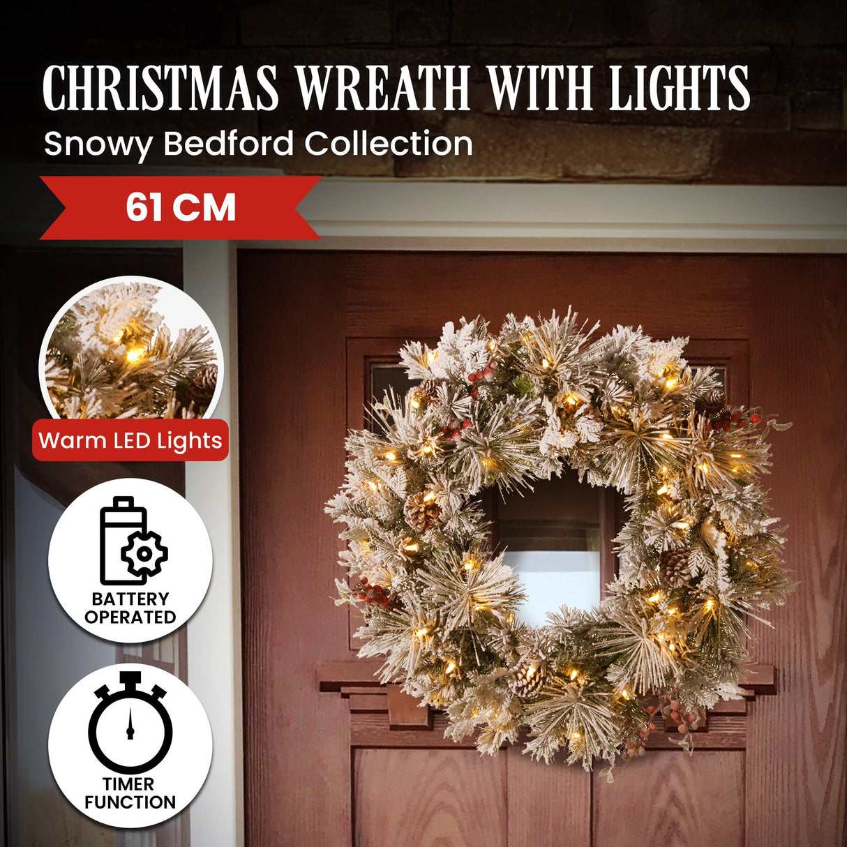National Tree Company Snowy Bedford Christmas Wreath - 61cm