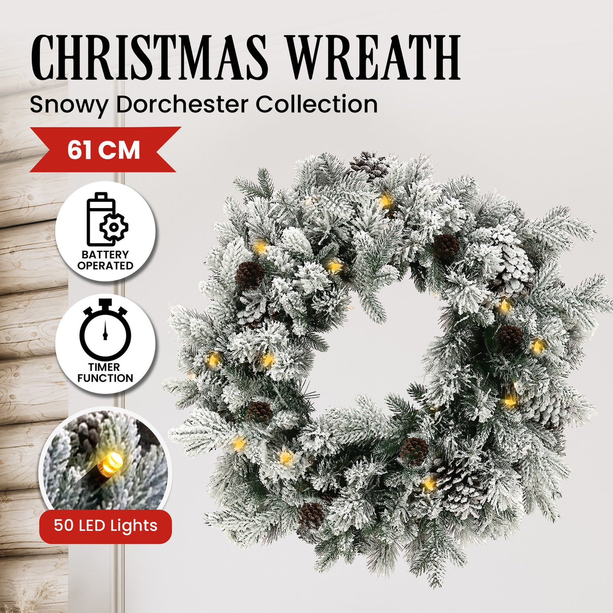Christabelle Christmas Wreath with Lights - 61cm Snowy Dorchester