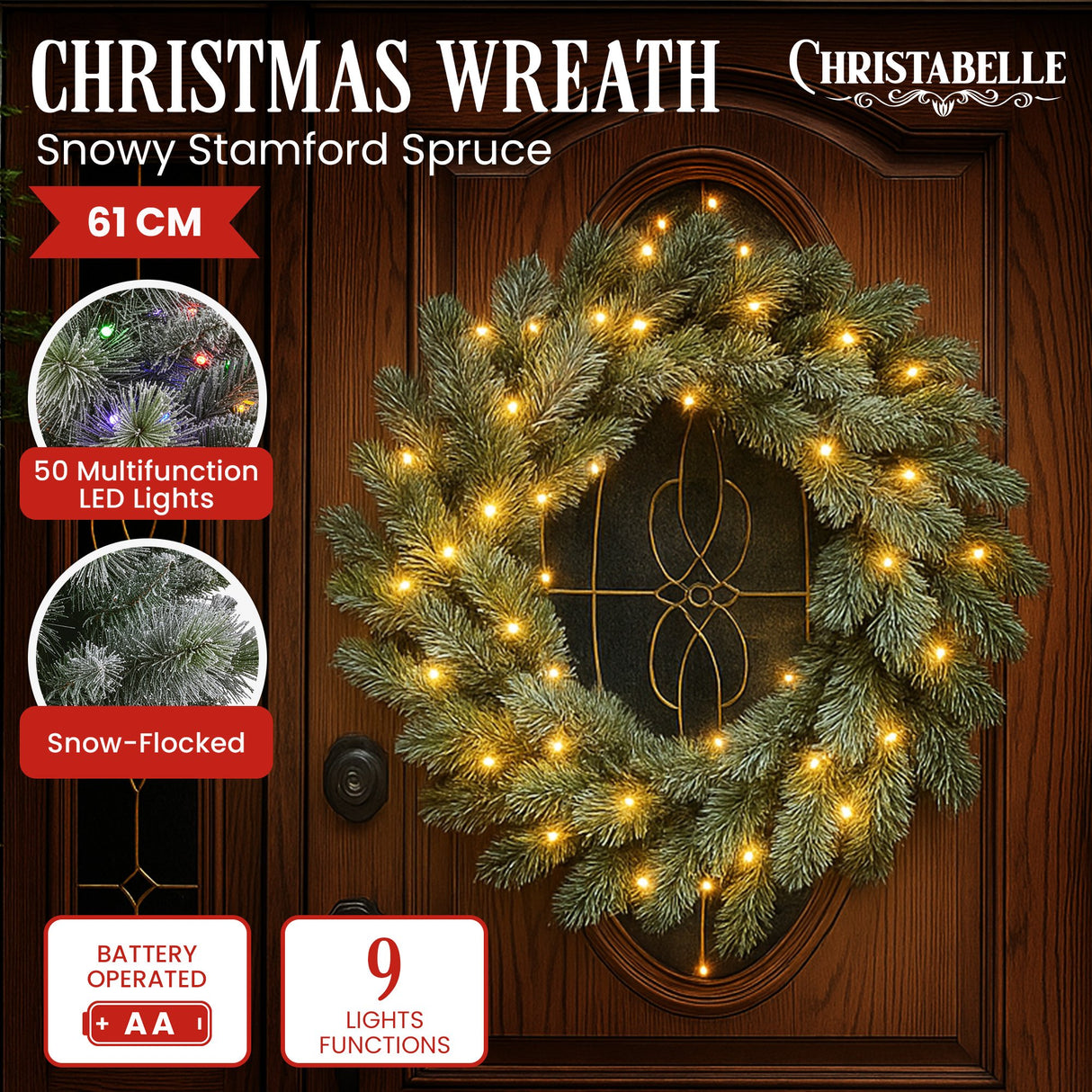 National Tree Company 61cm  Pre Lit Snowy Stamford Spruce Battery Operated Christmas Wreath w/L