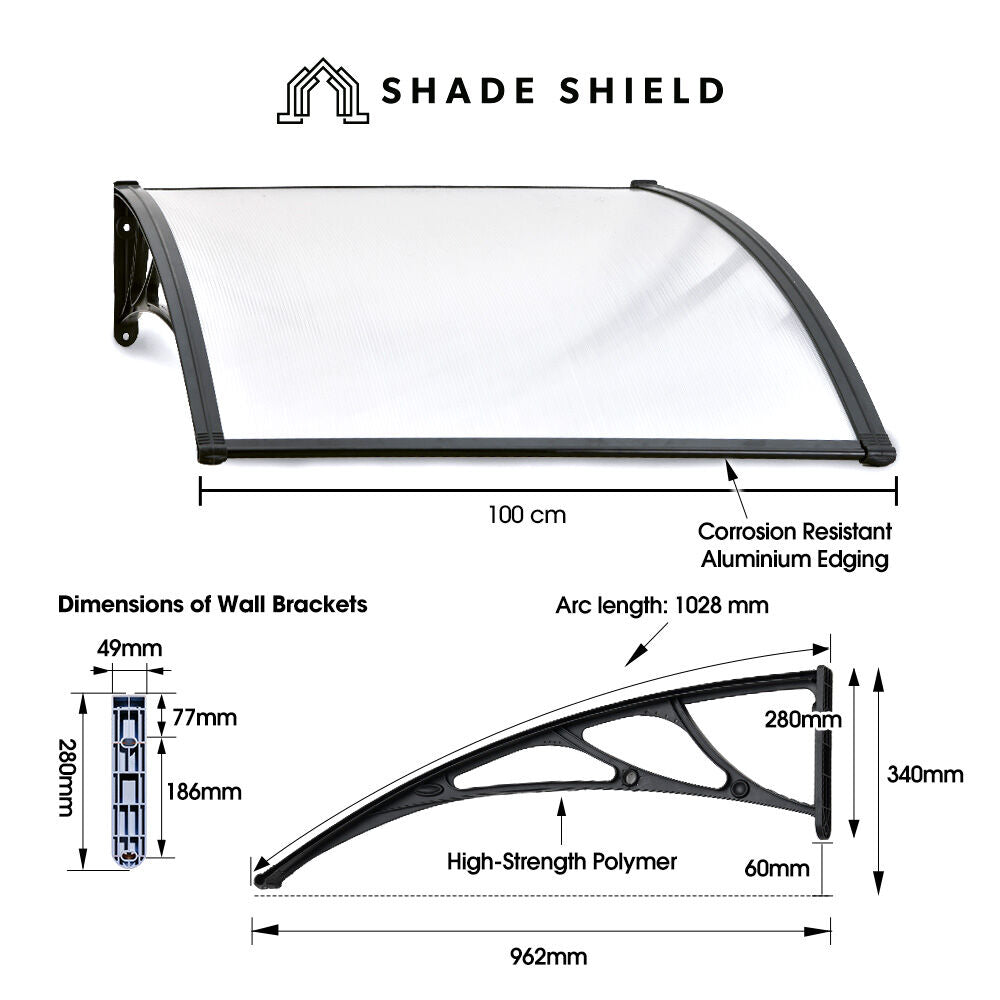 SHADE SHIELD 1x1m Exterior Awning, Black DIY External UV Rain Protection Clear Polycarbonate Canopy Cover