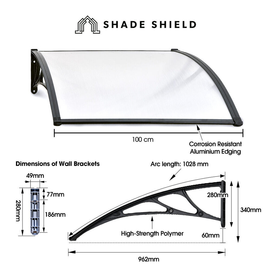 SHADE SHIELD 1x1m Exterior Awning, Black DIY External UV Rain Protection Clear Polycarbonate Canopy Cover