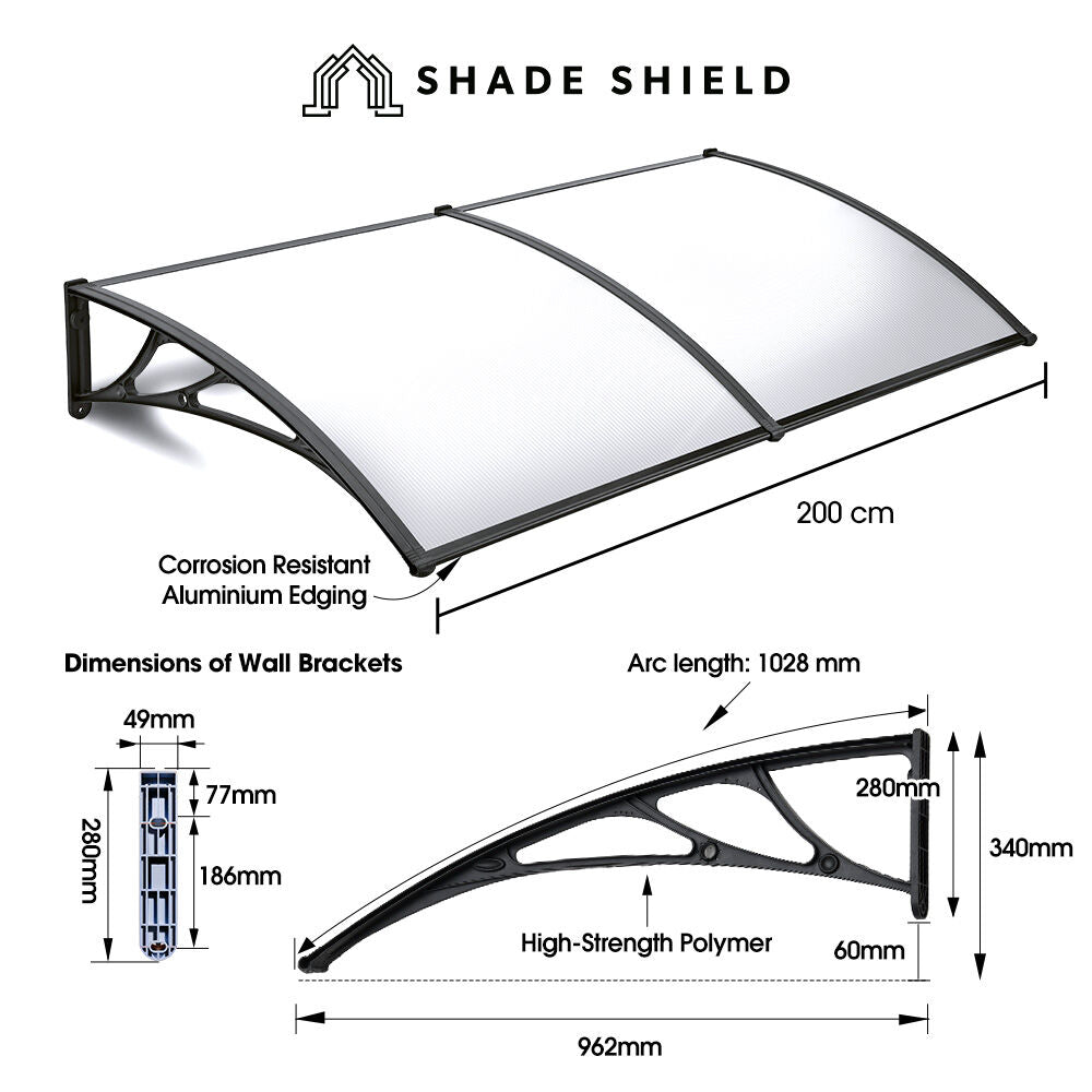 SHADE SHIELD 2x1m Exterior Awning, Black DIY External UV Rain Protection Clear Polycarbonate Canopy Cover