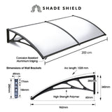 SHADE SHIELD 2x1m Exterior Awning, Black DIY External UV Rain Protection Clear Polycarbonate Canopy Cover - 45-Degree Angle