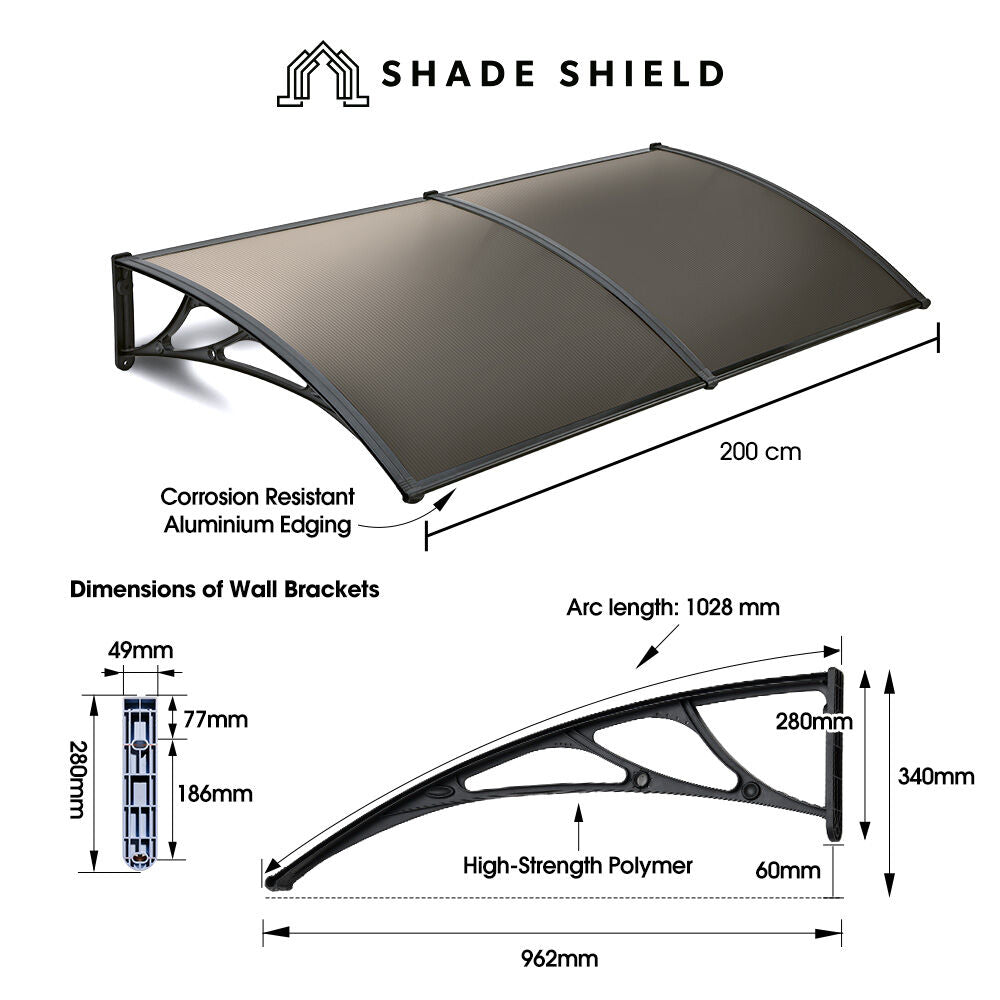 SHADE SHIELD 2x1m Exterior Awning, Black DIY External UV Rain Protection Grey Tinted Polycarbonate Canopy Cover