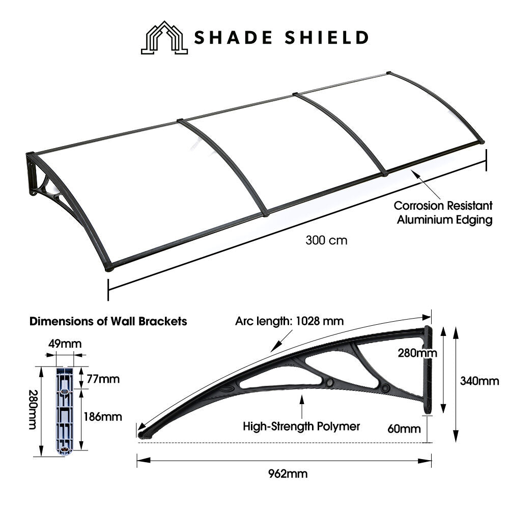 SHADE SHIELD 3x1m Exterior Awning, Black DIY External UV Rain Protection Clear Polycarbonate Canopy Cover