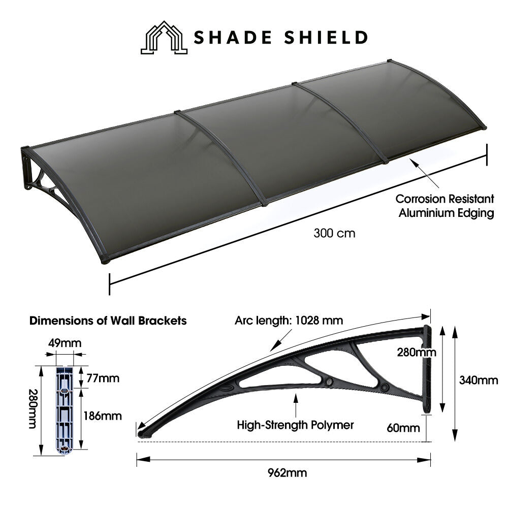 SHADE SHIELD 3x1m Exterior Awning, Black DIY External UV Rain Protection Grey Tinted Polycarbonate Canopy Cover