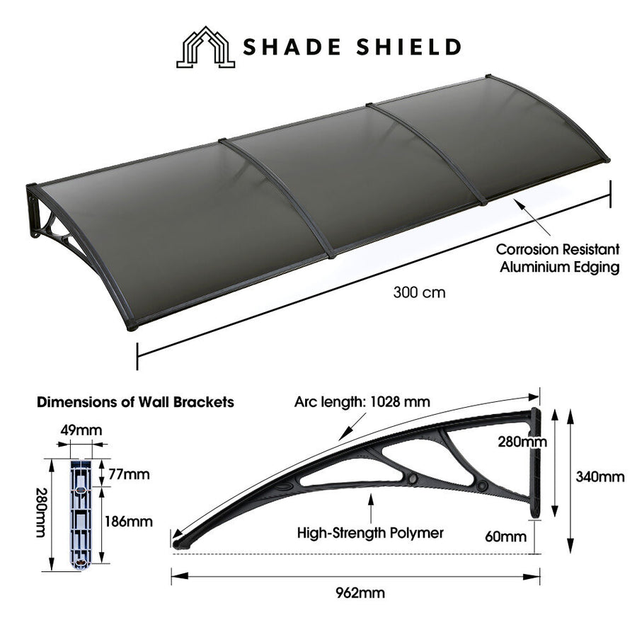 SHADE SHIELD 3x1m Exterior Awning, Black DIY External UV Rain Protection Grey Tinted Polycarbonate Canopy Cover