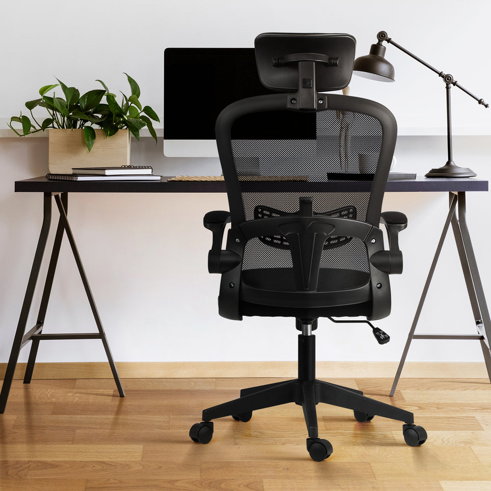 Oikiture Office Chair with Mesh Padding Headrest Armrest Black