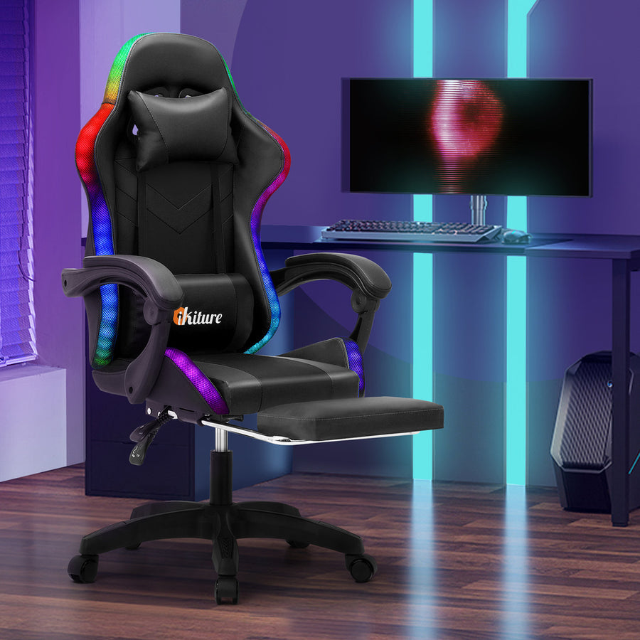 Oikiture Racing Gaming Chair 7 RGB LED 8 Points Massage Black, image 3