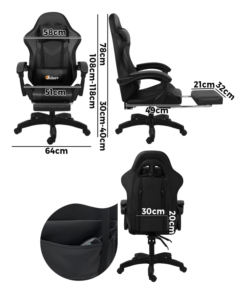 Oikiture Racing Gaming Chair 7 RGB LED 8 Points Massage Black